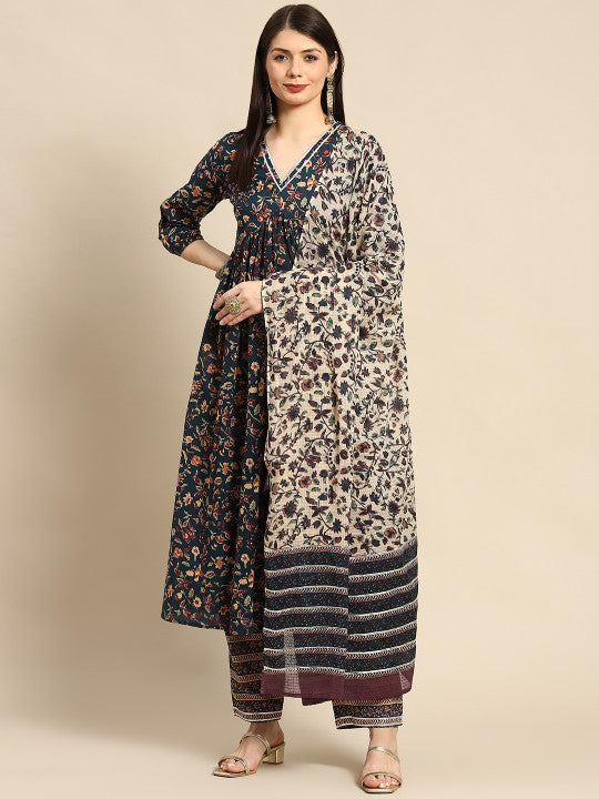 Anayna Women Teal Green Ethnic Motifs Printed Pure Cotton Kurta with Trousers & Dupatta