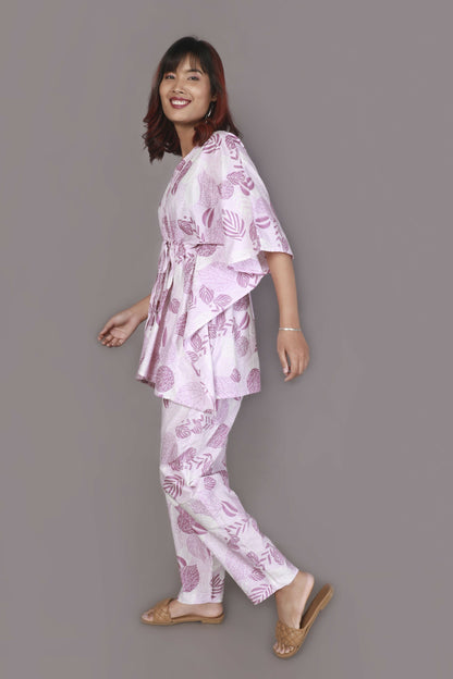 Breathables Women’S Loungewear Kaftan Cotton Pink Nature-Inspired Print Co-Ord Set
