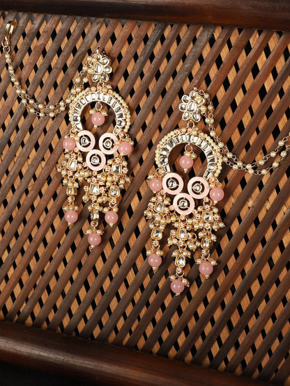 Anikas Creation Pink & Gold-Polished Kundan Contemporary Chandbalis With Ear Chain Earrings