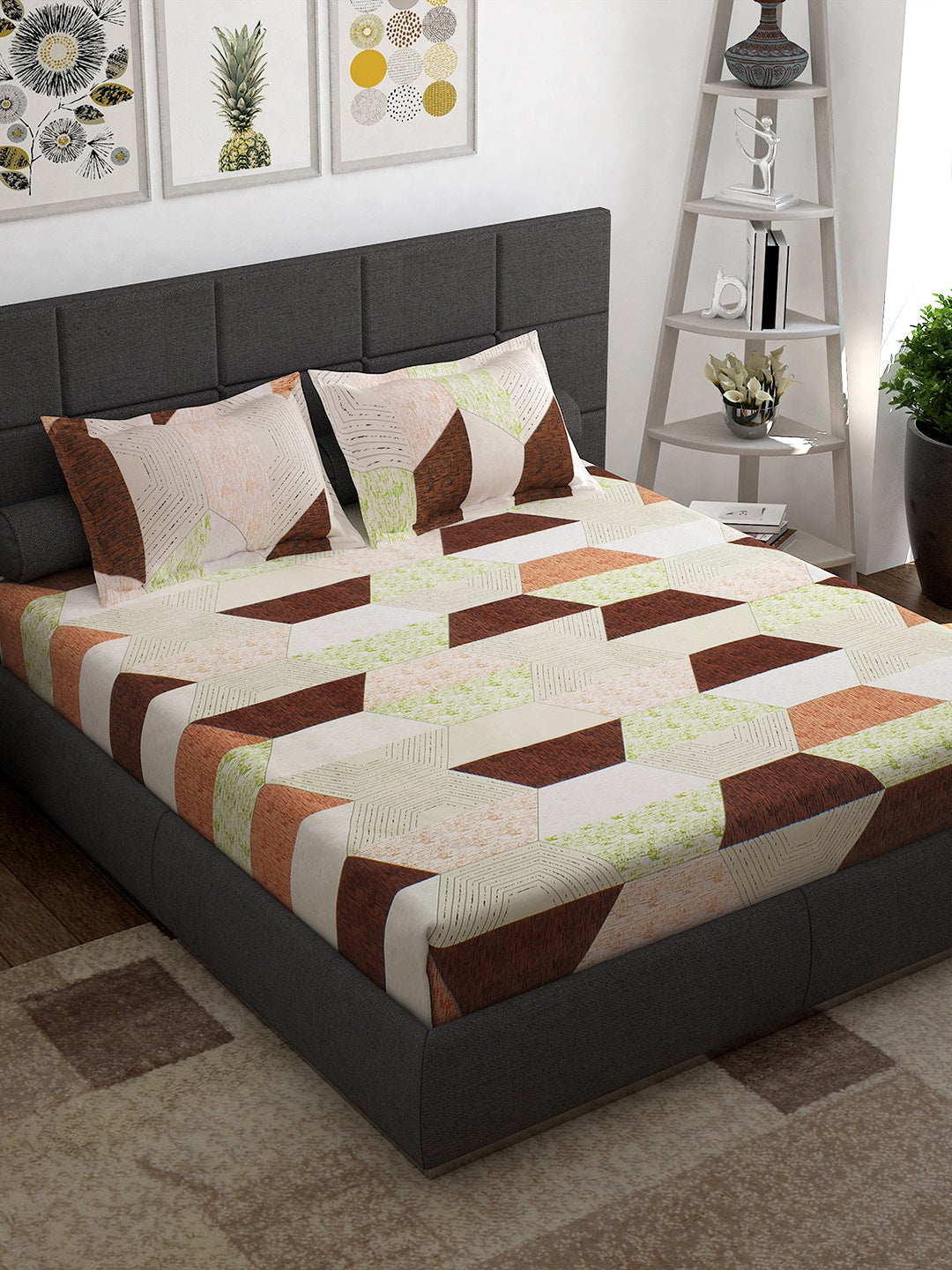 Story@home Cream-Coloured Geometric 152 TC Cotton 1 Queen Bedsheet with 2 Pillow Covers