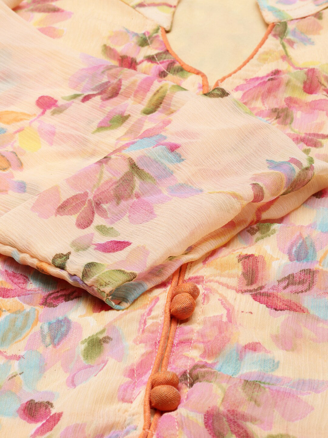 Souchii Peach-Coloured Floral Layered Chiffon Beautiful A-Line Midi Dress