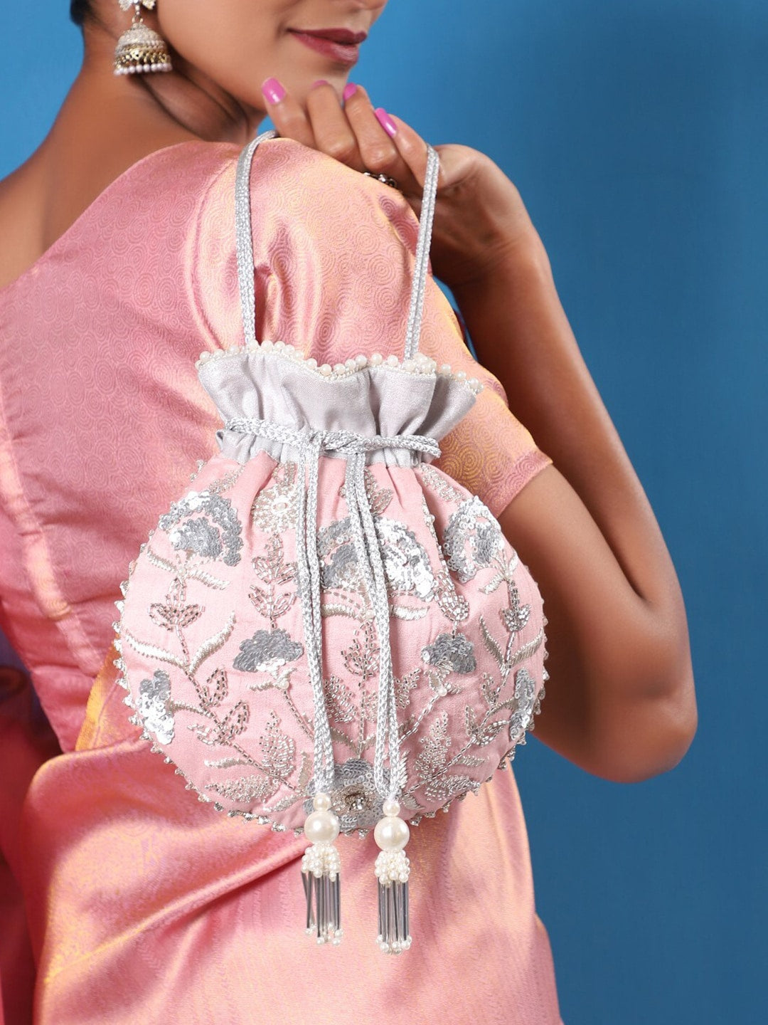 Masq Peach-Coloured & Grey Embroidered Potli Clutch