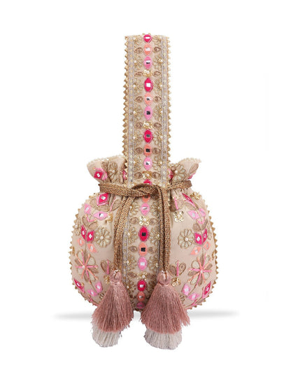 Masq Beige & Pink Embroidered Potli Clutch