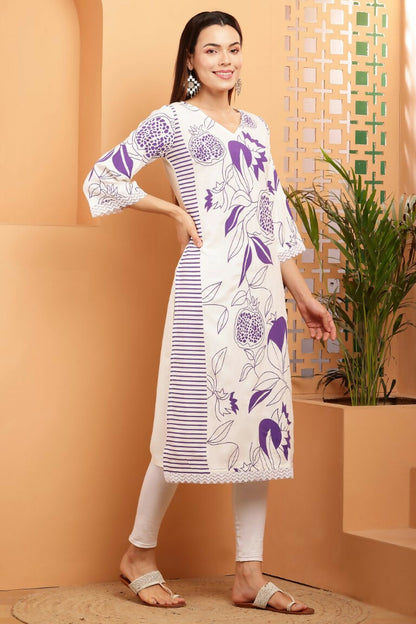 Cheera Women Stylish Hand Block Printed Cotton Blend Flared Kurta - Off White