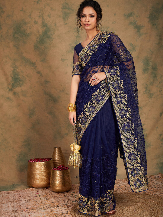 Sangria Embroidered Net Sarees