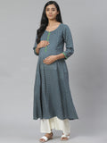 Anayna Women Navy Blue & Green Block Print A-Line Maternity Kurta