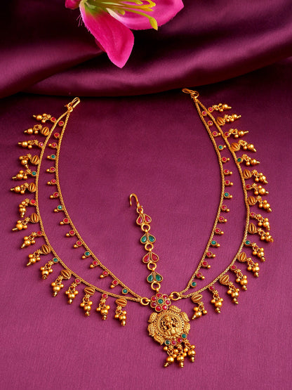 Yellow Chimes Gold-Polished Pink & Green Stone Studded Ghungroo Beaded Mathapatti