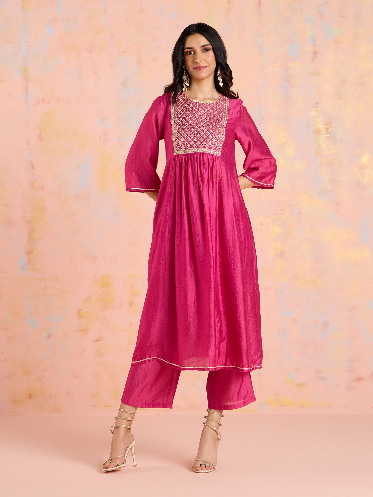 Likha Pink Garden Groove Chanderi Embroidered Kurta Pant & Dupatta LIKSKD303 (Set of 3)