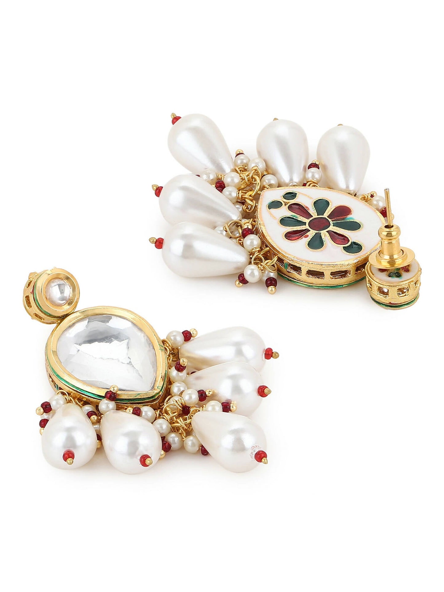 Gold-Toned White Kundan Contemporary Gold-Polished Drop Earrings - Ruby Raang