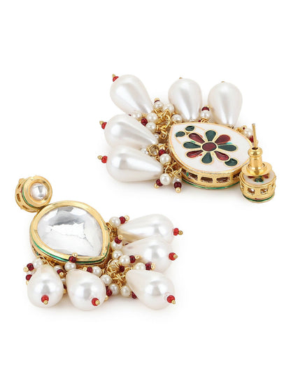 Gold-Toned White Kundan Contemporary Gold-Polished Drop Earrings - Ruby Raang