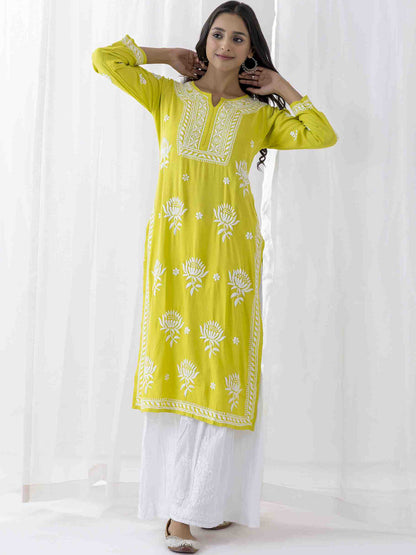 HOUSE OF KARI Floral Chikankari Embroidered Cotton Straight Kurta