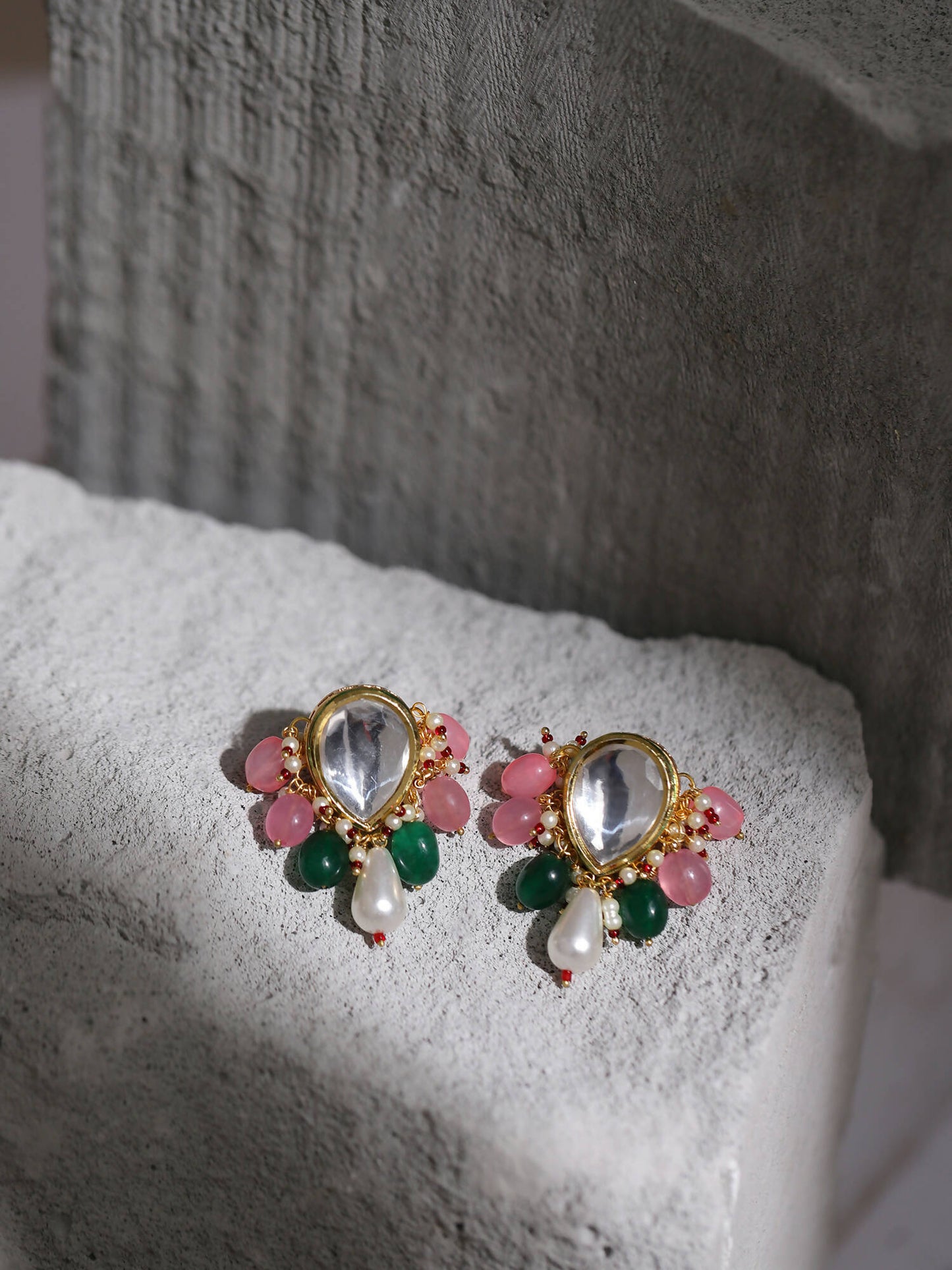 Gold-Toned White Kundan Contemporary Gold-Polished Drop Earrings - Ruby Raang