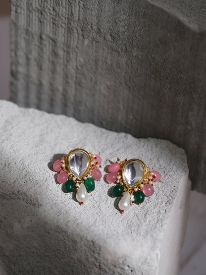 Gold-Toned White Kundan Contemporary Gold-Polished Drop Earrings - Ruby Raang