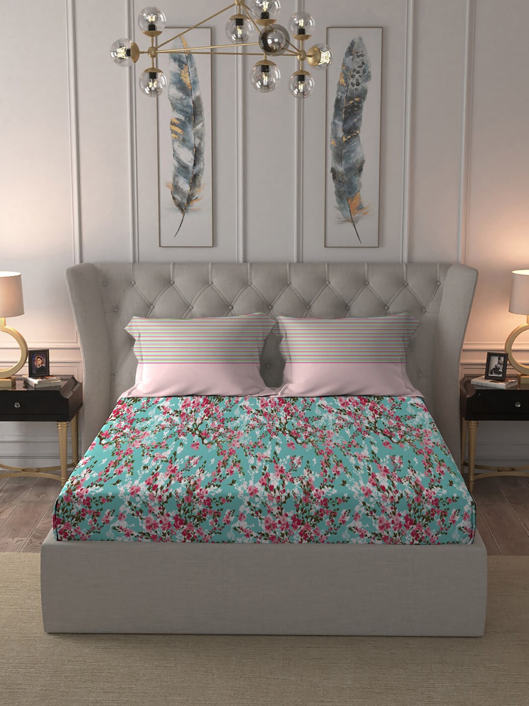 MYTRIDENT Turquoise Blue Pink Floral Pure Cotton 144 TC Queen Bedsheet 2 Pillow Covers