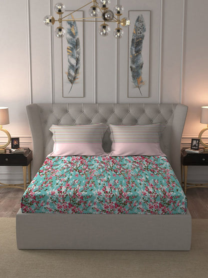 MYTRIDENT Turquoise Blue Pink Floral Pure Cotton 144 TC Queen Bedsheet 2 Pillow Covers