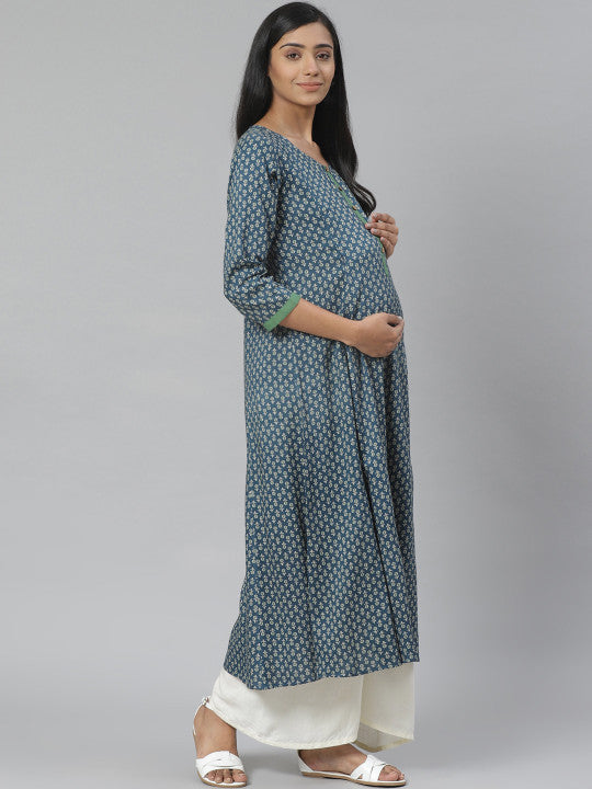 Anayna Women Navy Blue & Green Block Print A-Line Maternity Kurta