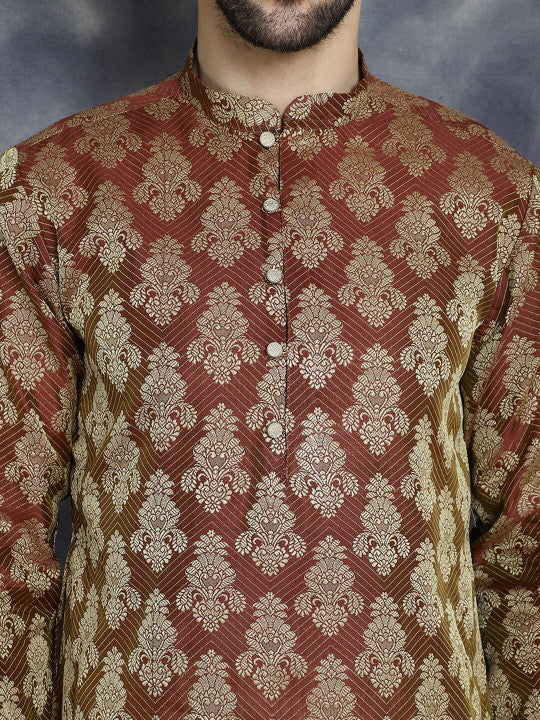Anouk Maroon Ethnic Motifs Woven Design Jacquard Straight Cotton Silk Kurta