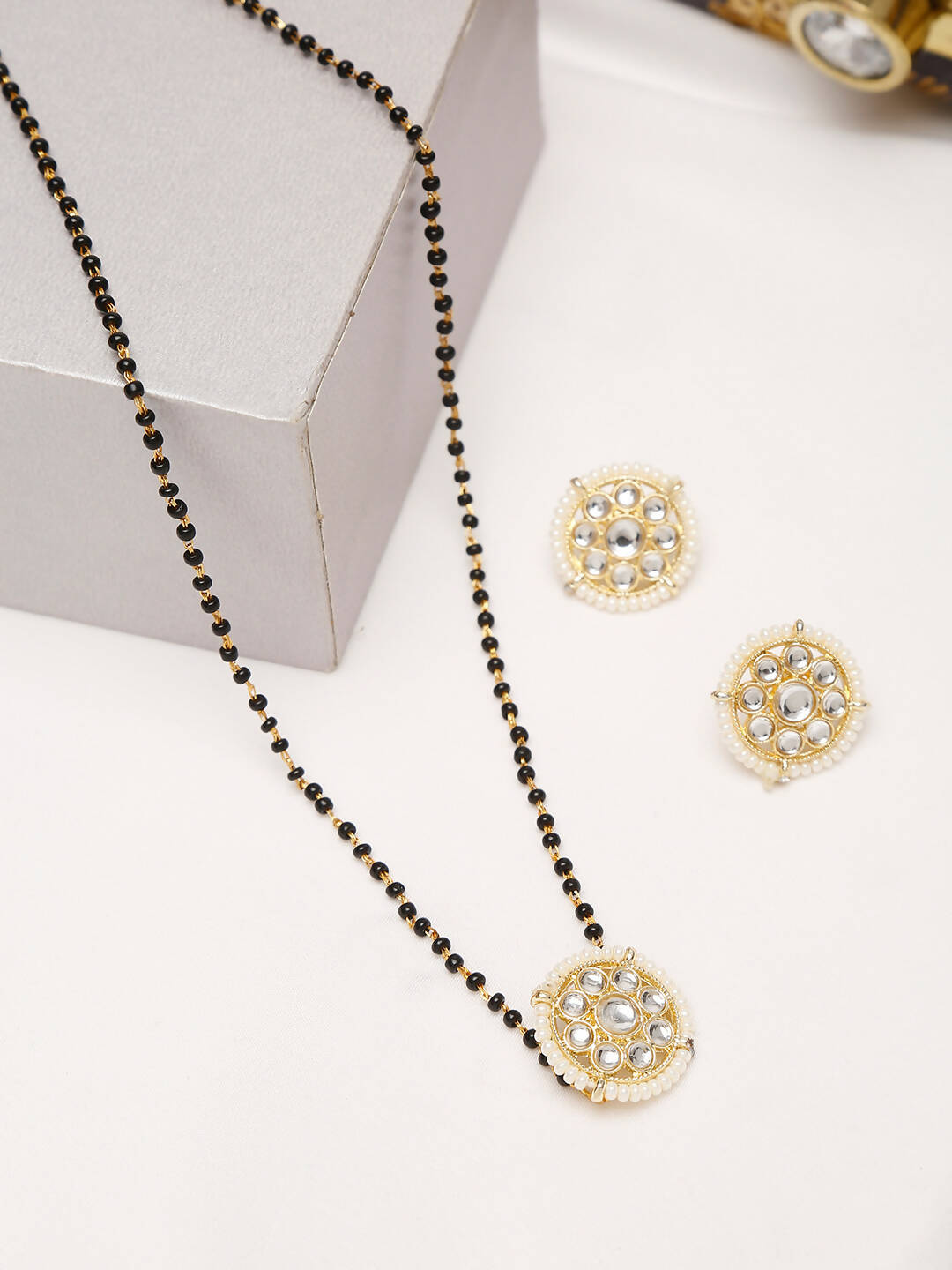 Gold-Polished Black Kundan Beaded Mangalsutra With Studs - Ruby Raang