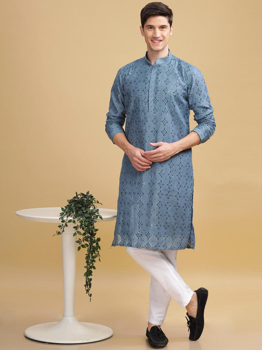 Anouk Turquoise Blue Embroidered Mandarin Collar Sequinned Lucknowi Cotton Straight Kurta