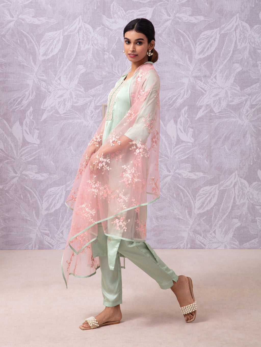 Likha Shaan-e-Avadh Sap Green Sequins Embroidery Kurta, Pant & Dupatta LIKSKD105 (Set of 3)