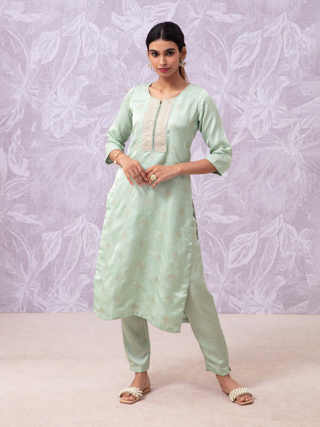 Likha Shaan-e-Avadh Sap Green Sequins Embroidery Kurta, Pant & Dupatta LIKSKD105 (Set of 3)
