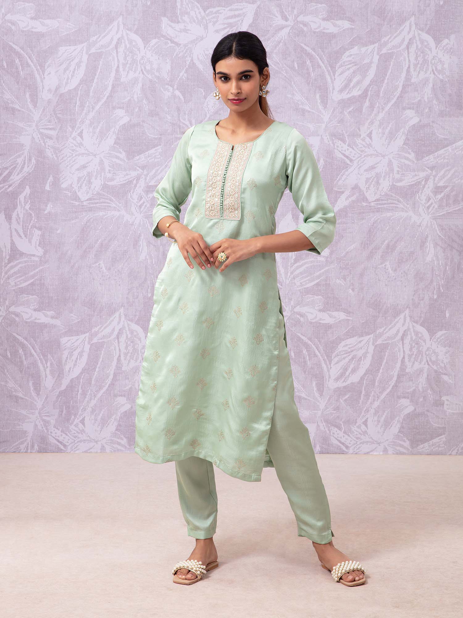 Likha Shaan-e-Avadh Sap Green Sequins Embroidery Kurta, Pant & Dupatta LIKSKD105 (Set of 3)