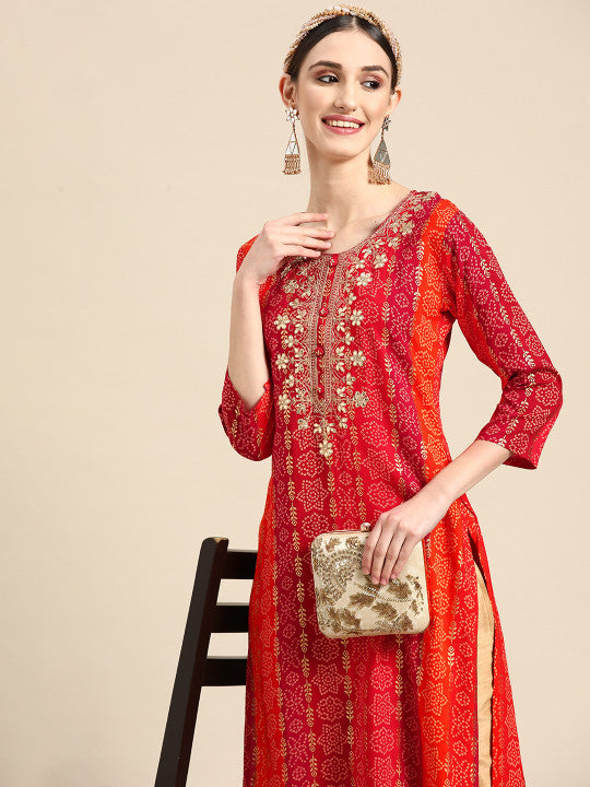 Sangria Women Red Bandhani Printed and Embroidered Rayon Kurta