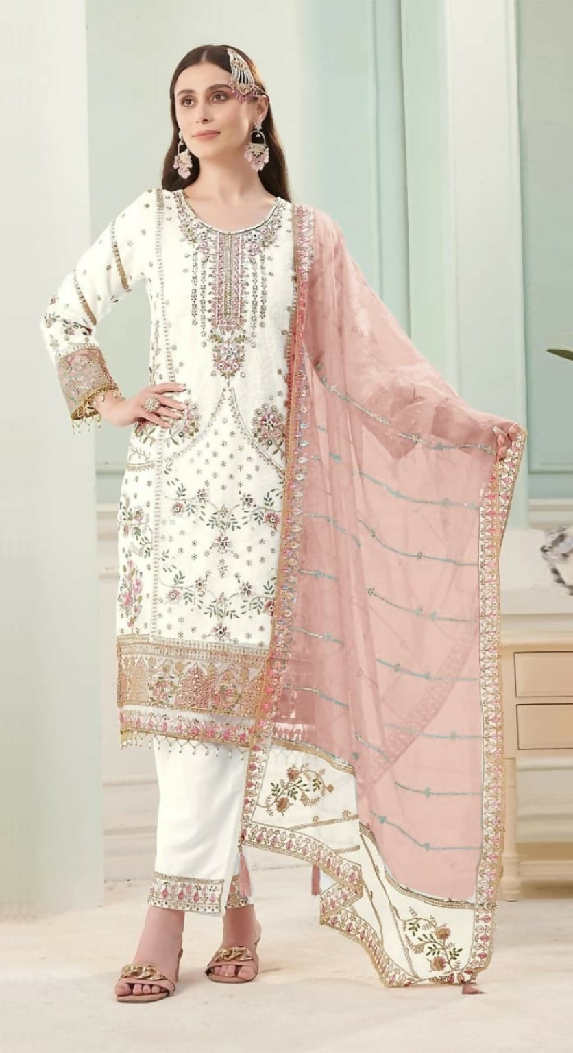 Anaita White Fox Georgette Stitched Suit with Embroidery Sequins