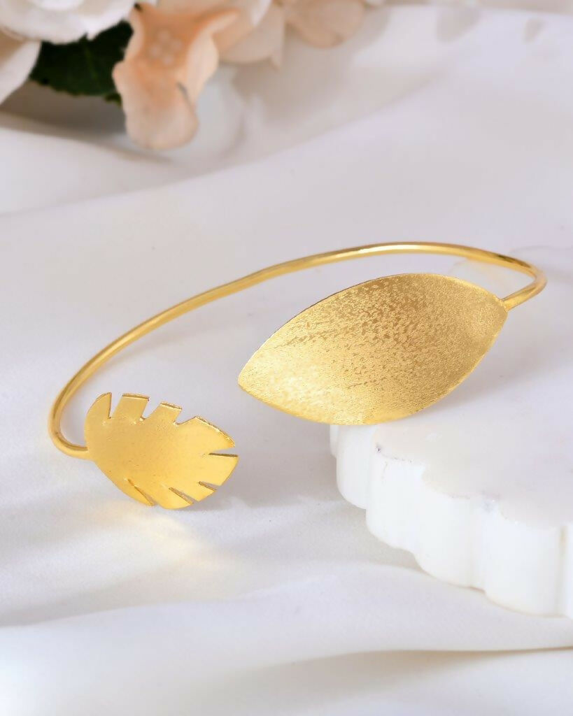 VOJ Gold-Polished Leaf Shaped Cuff Bracelet