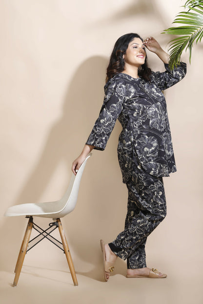 Breathables Floral Cotton Co-Ord Set – Black