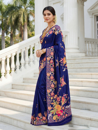 Aastha Fashion Royal Blue Premium Russian Silk Designer Floral Position Print Saree