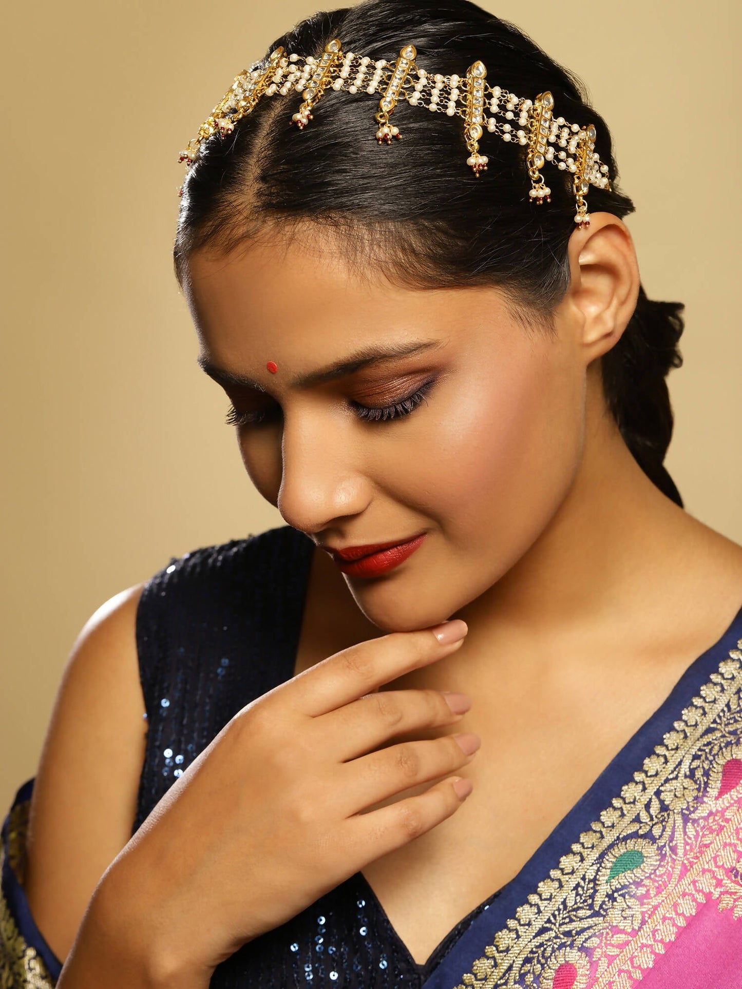 White Gold-Polished Kundan-Studded Beaded Matha Patti - Ruby Raang
