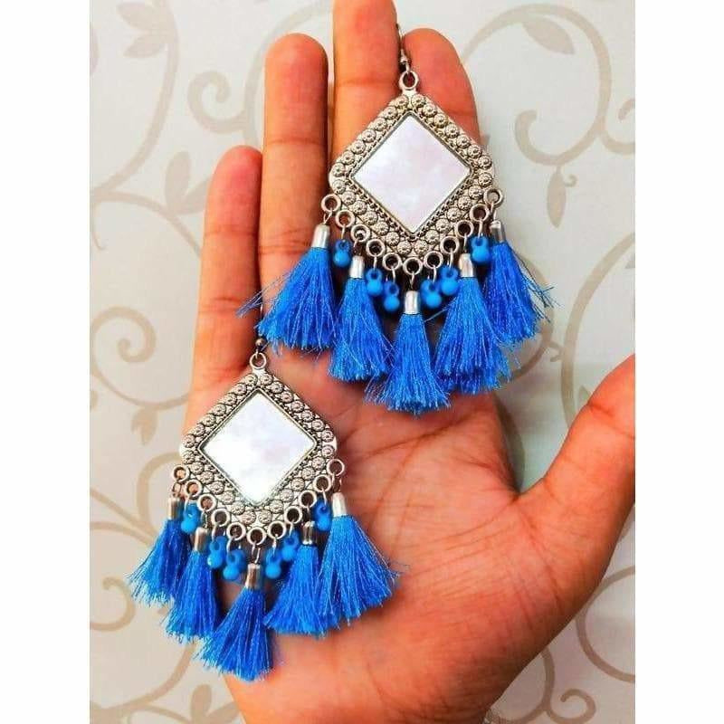 MS Fashion India Latkan Kite Design Mirror Hanging Blue Silk Threads Earrings
