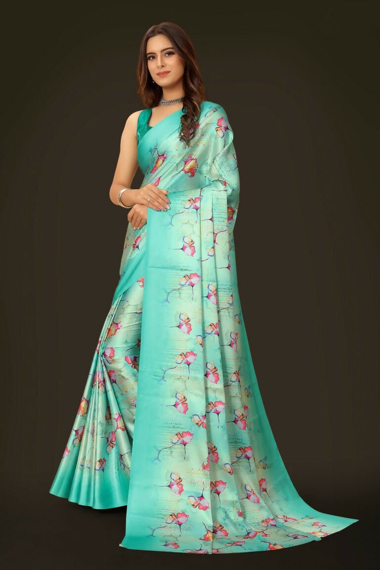 Aayaa Designer Printed Satin Saree - Multi Color