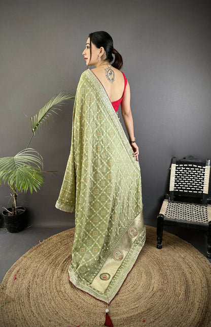 Joban Fashion Mehendi Green Bandhej Bandhani Vichitra Silk Bandhani Prints Saree