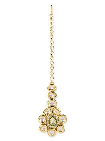 Gold-Polished Maharani Kundan Neckpiece With Earrings And Maang Tikka - Ruby Raang
