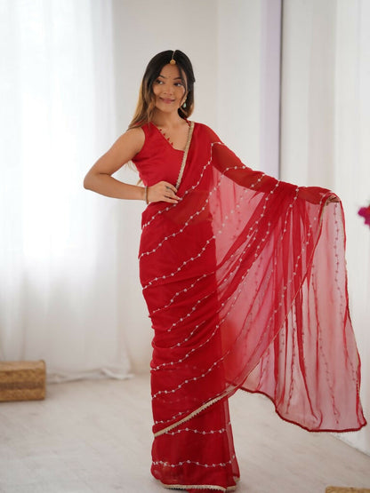 Red Sitara Chiffon Designer Beads Moti,Val Sequence Work Saree - Noorie