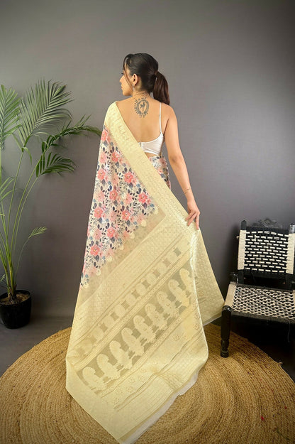 Joban Fashion Cream Floral Motifs Banarasi Silk Sarees