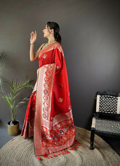 Joban Fashion Red Elephant & Floral Motifs Soft Lichi Silk Banarasi Saree
