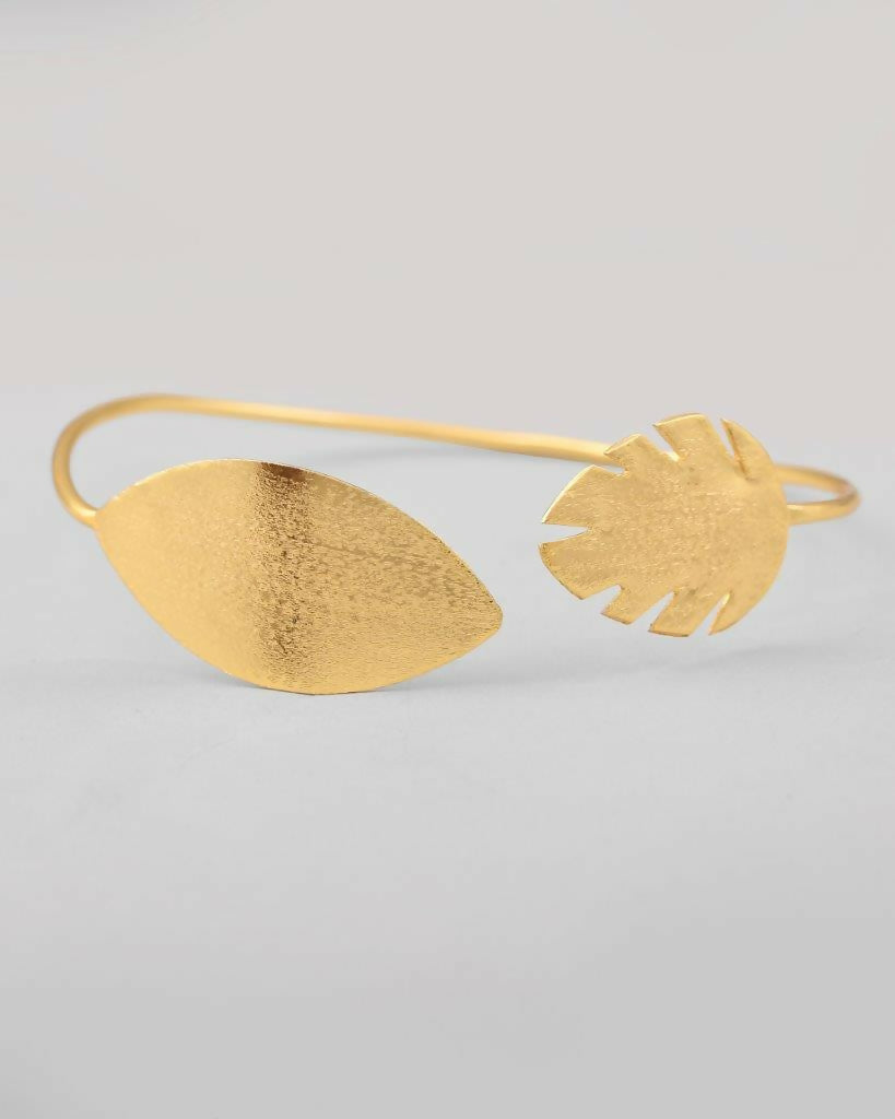 VOJ Gold-Polished Leaf Shaped Cuff Bracelet