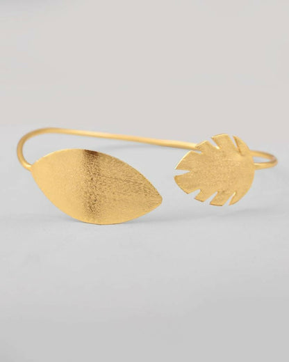 VOJ Gold-Polished Leaf Shaped Cuff Bracelet