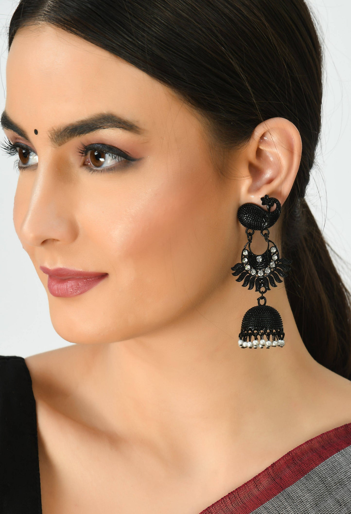Mominos Fashion Johar Kamal Black Color Peacock Earrings Jhumka
