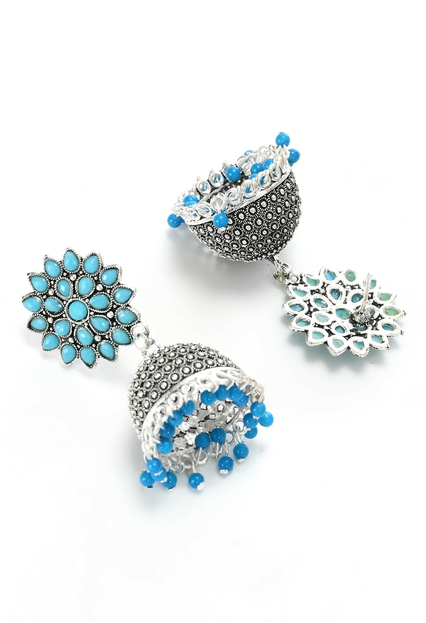 Mominos Fashion Joharkamal Kundan work Jhumka with Sky Blue Beads