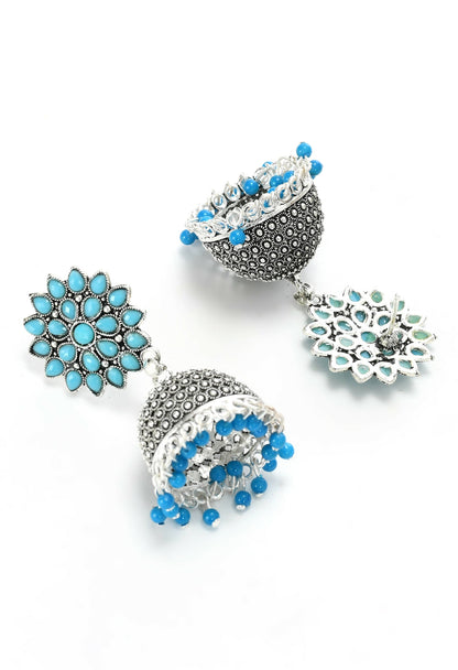 Mominos Fashion Joharkamal Kundan work Jhumka with Sky Blue Beads