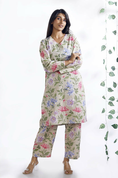 Breathables Women’S Loungewear Long Kurta Co-Ord Set Cotton Cream Floral Print