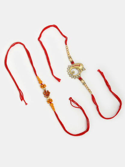 NVR Men Set of 2 Gold-Toned Ganesha Stone-Studded Rakhi With Roli Chawal