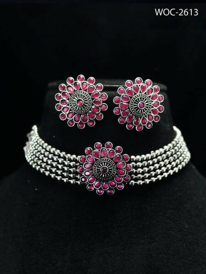 Mominos Fashion Johar Kamal Oxidised Silver-Plated Brass Finish Kundan Choker For Women (Pink)