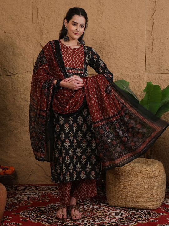 Sangria Women Ethnic Motifs Printed Sequinned Pure Cotton Kurta Set With Dupatta