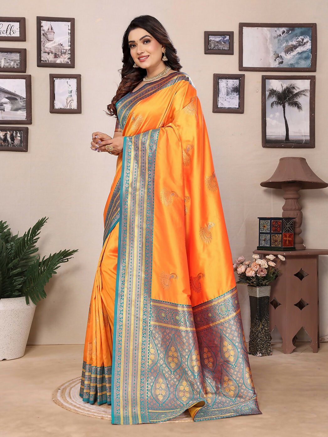 Joban Fashion Banarasi Orange Small Butti Soft Silk Saree