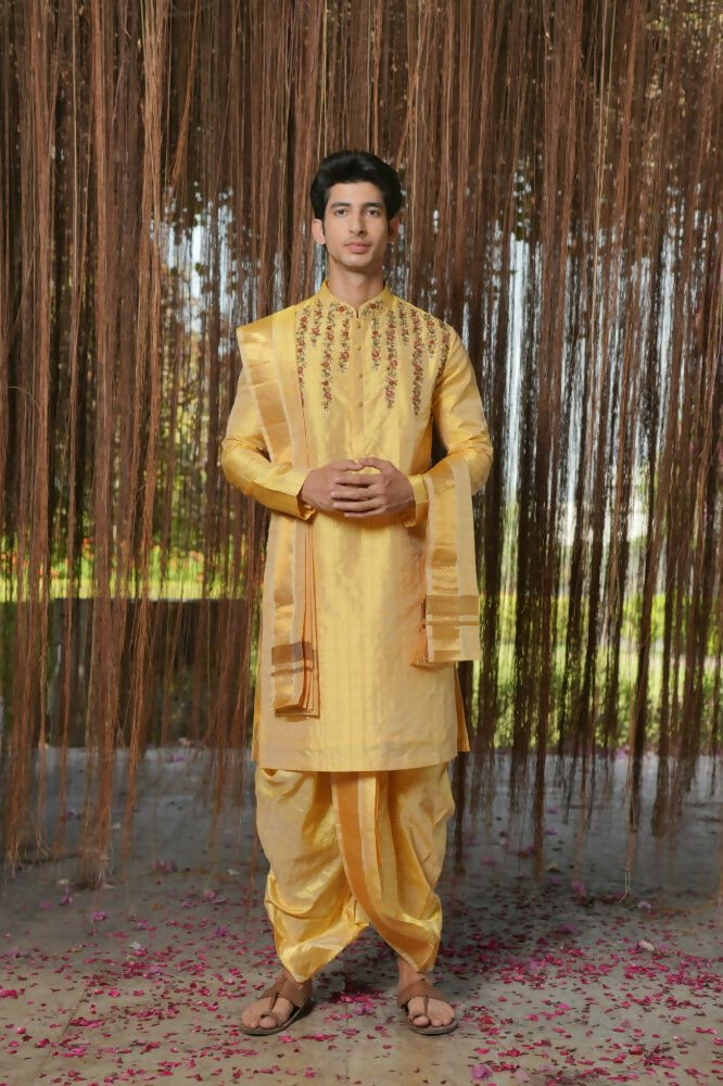 Gold Machine Kanjivaram Embroidered Pattu Set by Hilo Design
